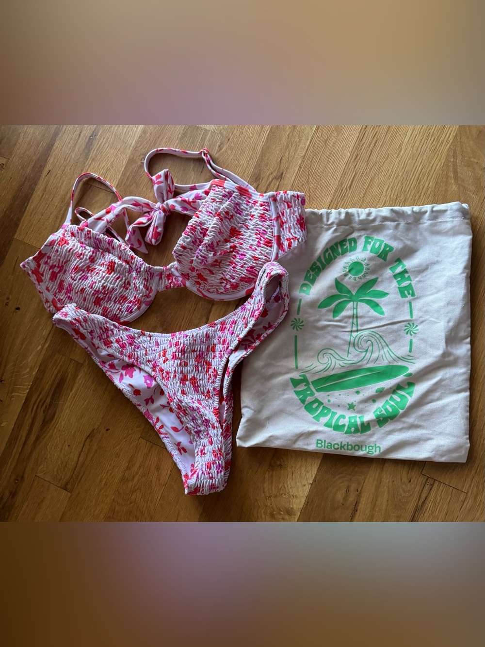 Blackbough Pink and Red Floral Smocked Bikini Set | Size Lg Top with Med Bottom